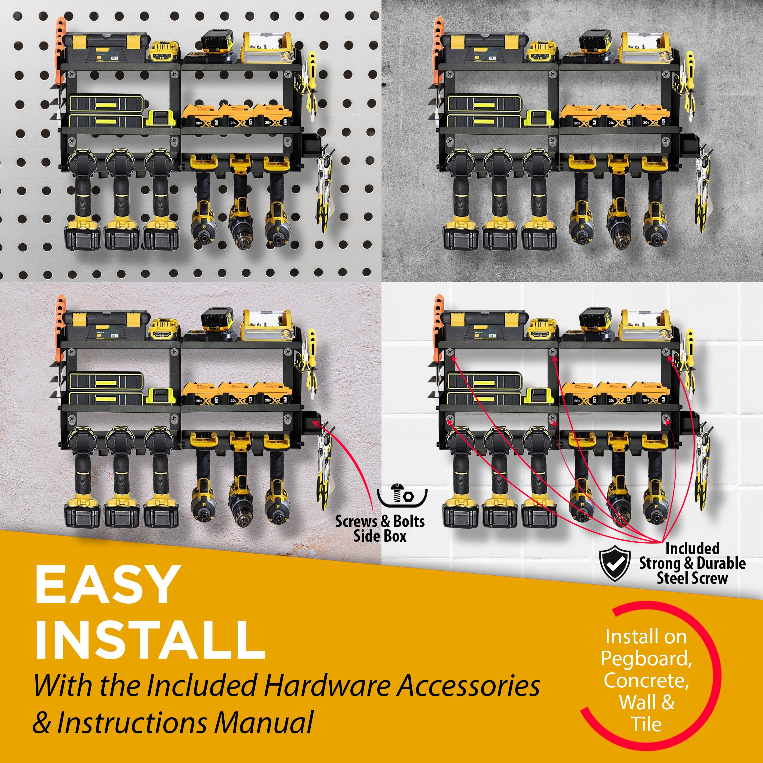 GRG Unlimited Power Tool Organizer - 6 Slot Wall Mount Holder, Heavy-Duty Steel - Black, 6 Pc