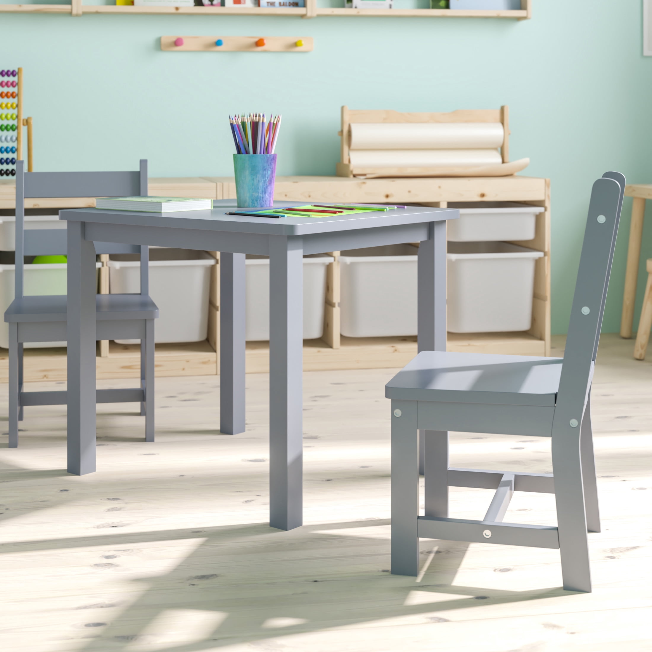 Flash Furniture Kyndl Kids 3 Hardwood Piece Table and Chair Set, Gray