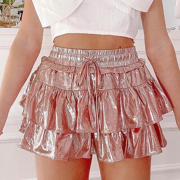 Womens Metallic Skirt Shiny Flared Pleated Skirt Layered Ruffle Hem Mini Skirt Rave Skirt Wrap around Skirts for Women Twin Bed Skirt Suede Skirt Smocked Skirt Swing Skirt Hoop Skirts for Girls plus