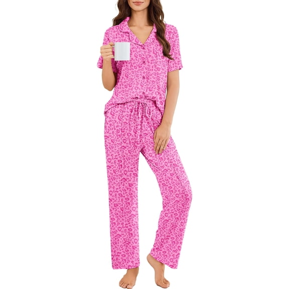Ekouaer Pajamas for Women Set Button Up Sleepswear 2 Piece Short Sleeve PJ Top and Long Pants Loungwear With Pocket