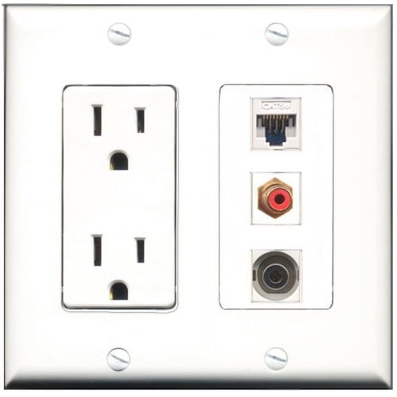 RiteAV - 15 Amp Power Outlet 1 Port RCA Red 1 Port 3.5mm 1 Port Cat5e Ethernet White Decorative Wall Plate