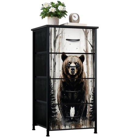 Dresser for Bedroom with 4 Storage Drawers Brown Bear Misty Forest Watercolor Monochrome Woodland Dressers Chest of Drawers Steel Framed Fabric Closet Organizers for Dorm Entryway End Table