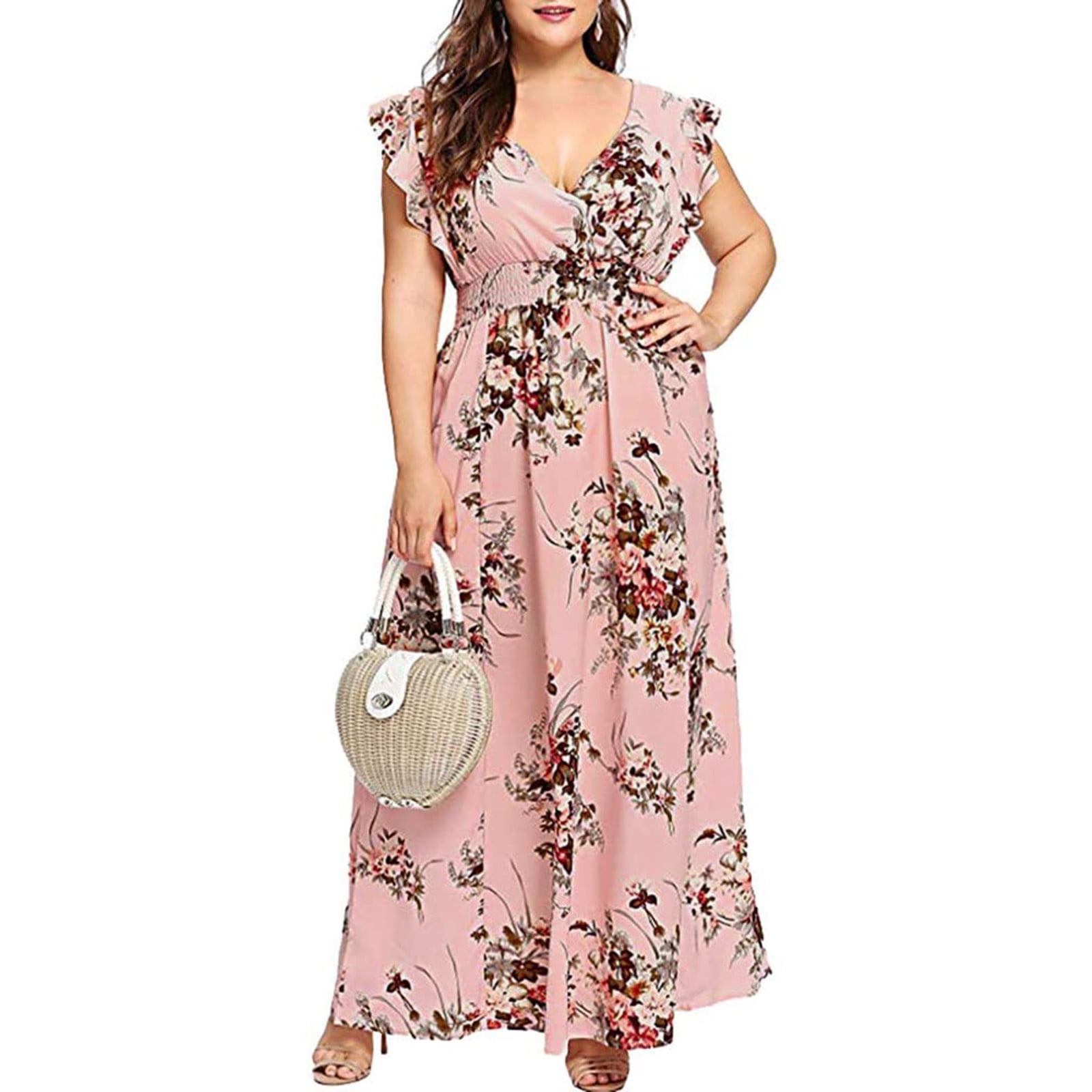 Lenago Summer Womens Plus Size Dresses 2022 Boho Flower Print Maxi Long ...