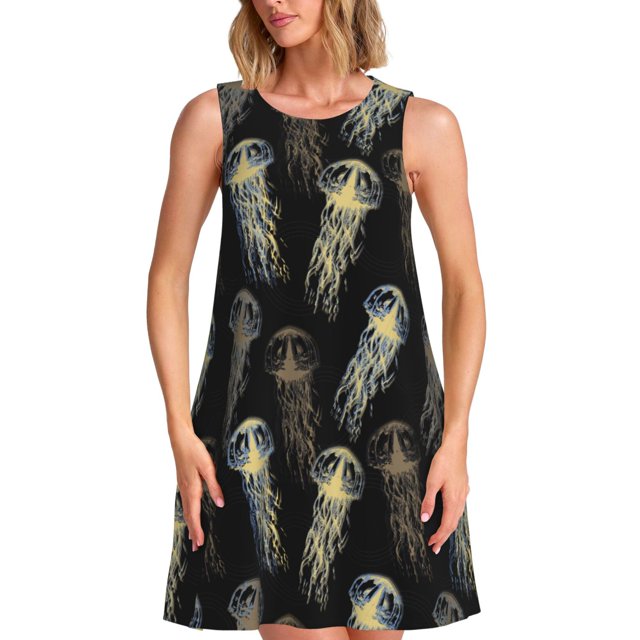 Fotbe Jellyfish Vestido de Verano sin Mangas para Mujer – Vestido Midi Línea A, Estilo Camiseta Floral, Vestido Playero Casual y Fluido
