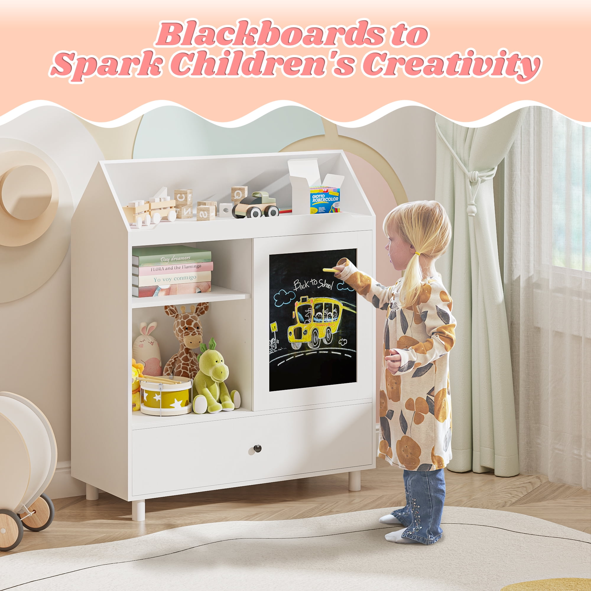 Yoneston Kids Bookcase with Magnetic Blackboard & Storage Drawer, Toddler Toy Organizer Cabinet with Reading Top Area for Playroom Classroom Nursery, White