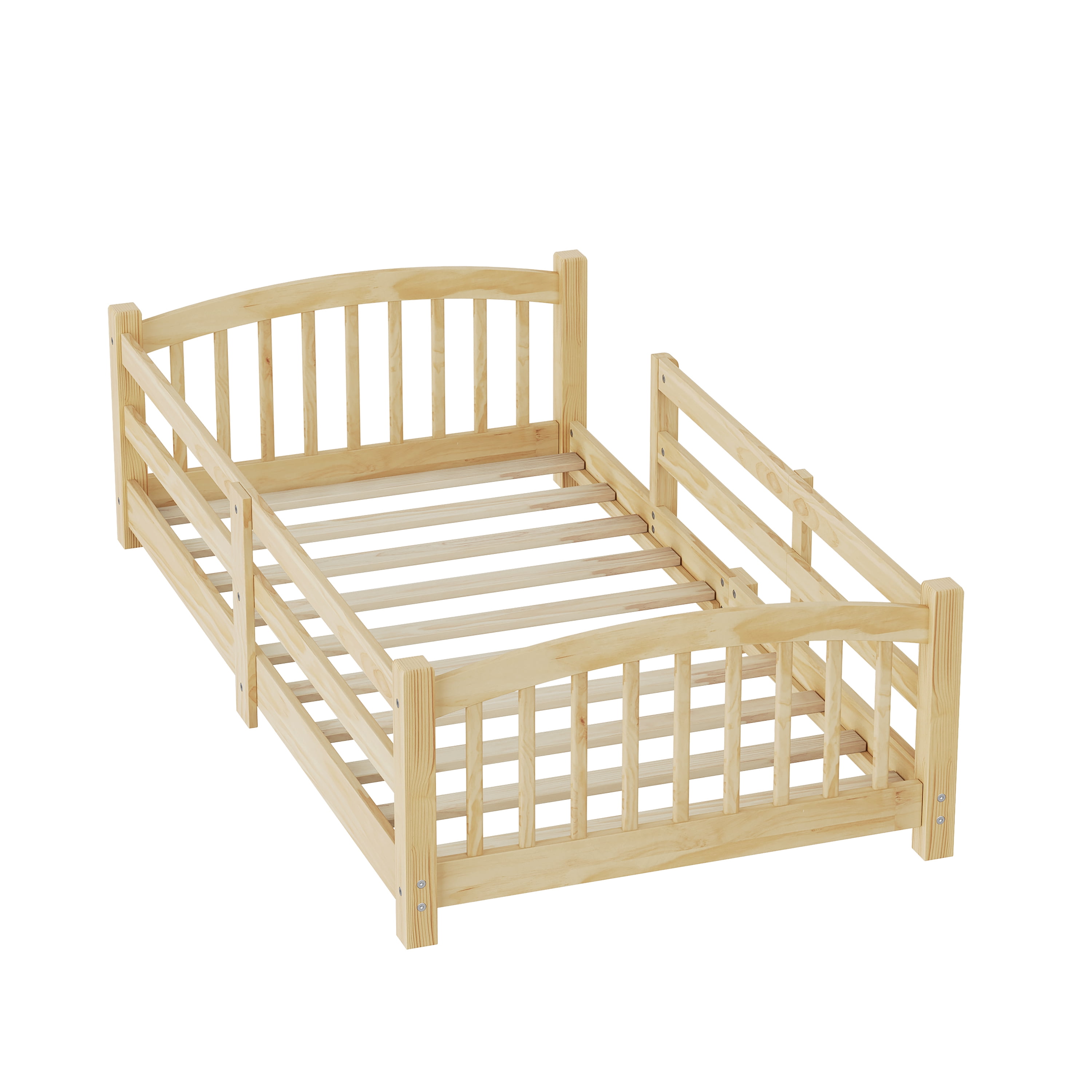MODERNLUXE Twin Floor Bed with Slats and Safety Guardrails, Montessori Floor Bed with Fence and 1 Opening,Solid Wood Twin Size Bed Frame for Girls and Boys, Natural
