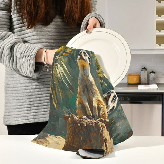 BZSMCE Kitchen Towels Creative Meerka Look Up The Sky Pattern Durable Kitchen Towel