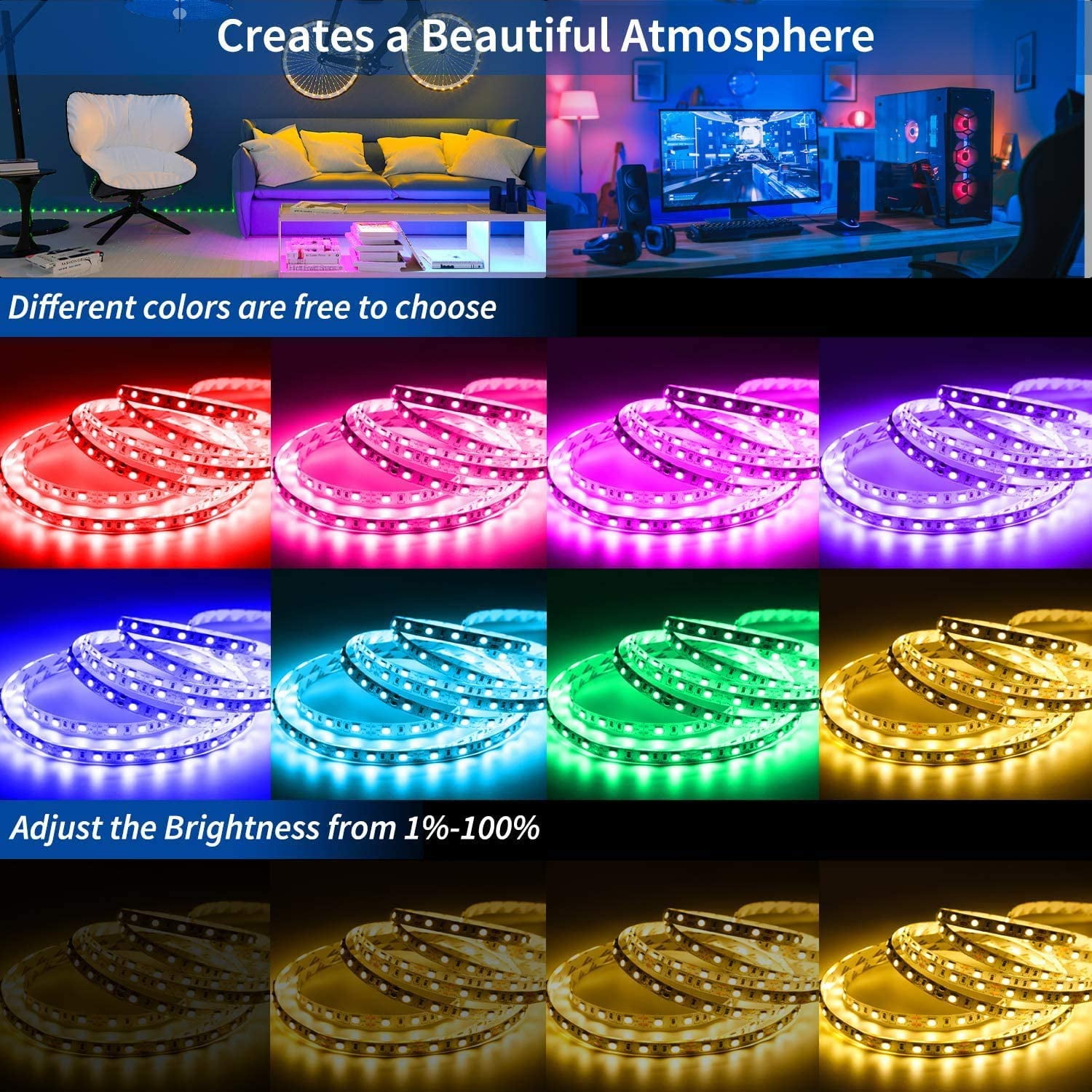 AlexTong LED Light Strip 3528LED Tape Lights, 32.8ft RGB Color Changing Led Light Strips with Remote for Room Home Decoration Flexible Strip Lights for Bedroom, Desk, Home Decoration, Party