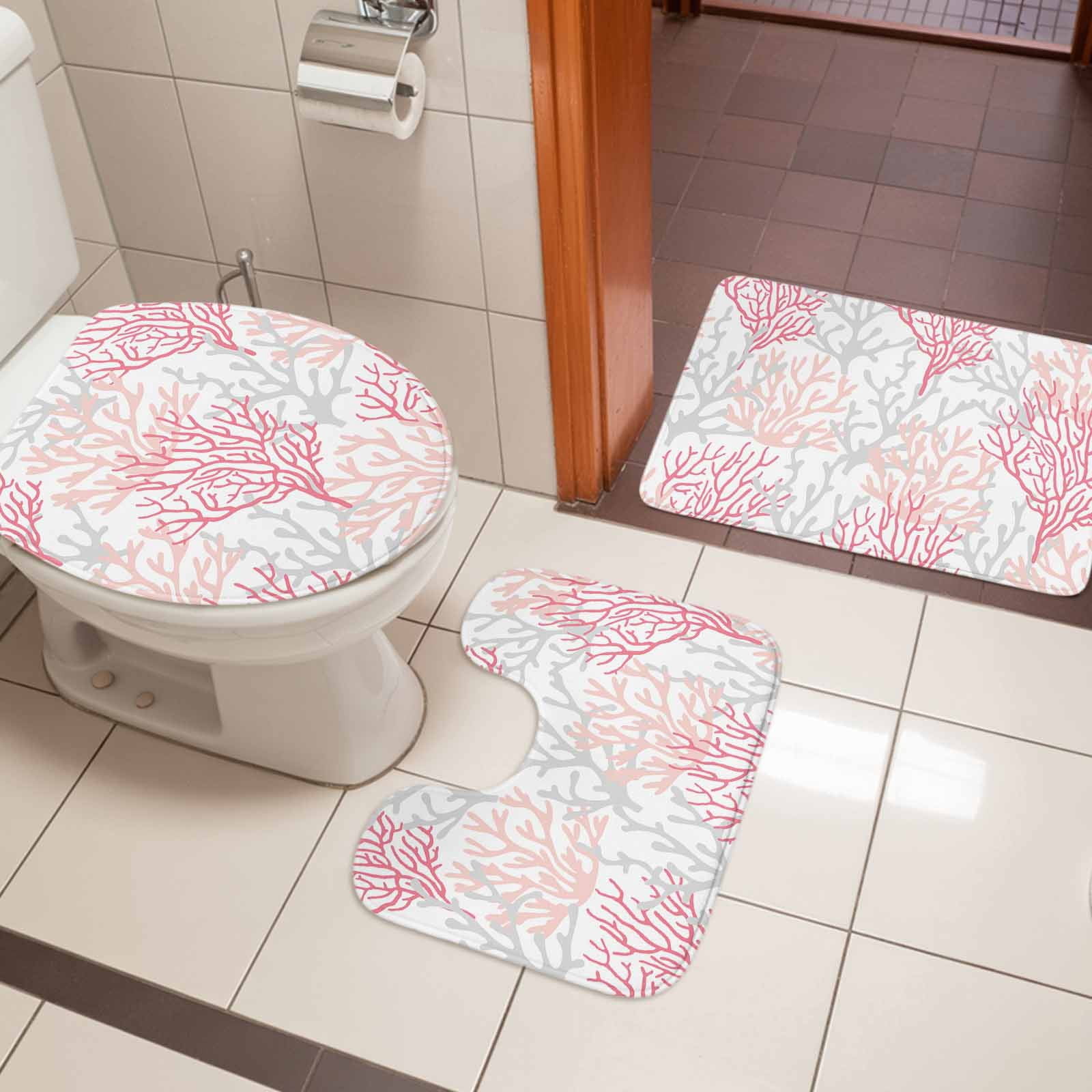 Pink Grey Coral Coastal Bath Mat 3 Piece Bathroom Rug Set, Summer Beach Seaside Nautical Non Slip Bath Rug Contour Mat and Toilet Lid Cover, Absorbent Shower Mats Soft Bath Rugs and Mats Sets