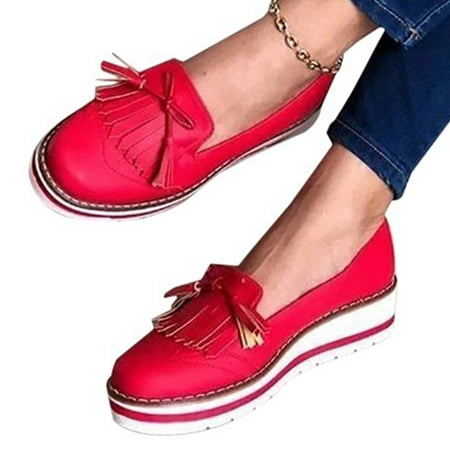 

Slip On Round Toe Cap Flat Shoes Gift Wedge Heel Tassel PU Leather Women Loafer