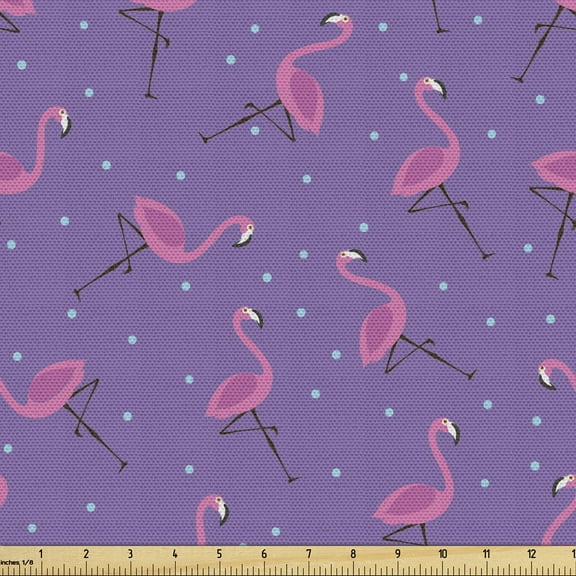 Flamingo Upholstery Fabric by the Yard, Dotted Purple Background with Pink Exotic Birds Girls Design, Decorative Fabric for DIY and Home Accents, 2 Yards, Violet Pink Pale Blue by Ambesonne