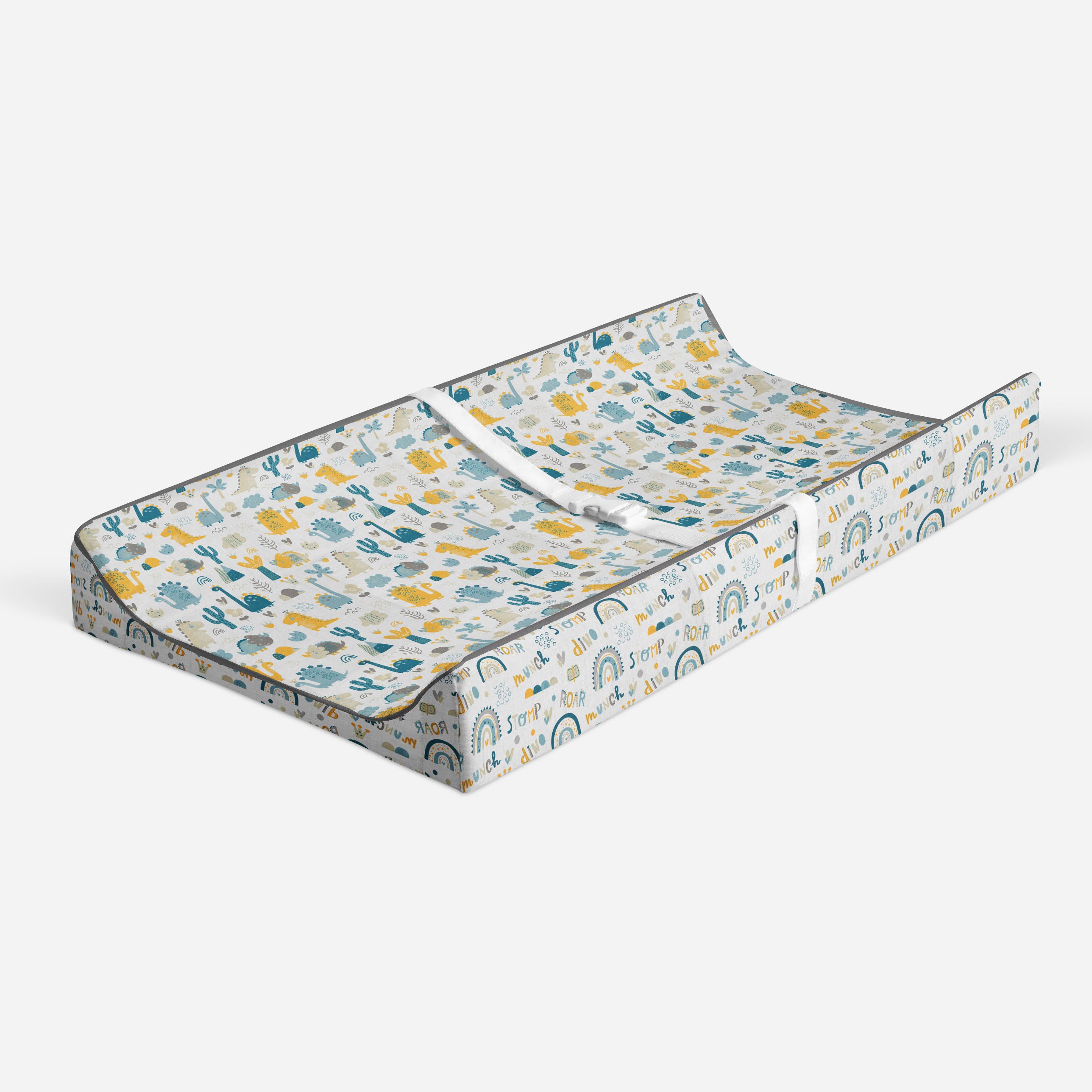 Bacati - Muslin Quilted Changing Pad Cover, Little Dino Boys Aqua/Teal/Yellow/Gray