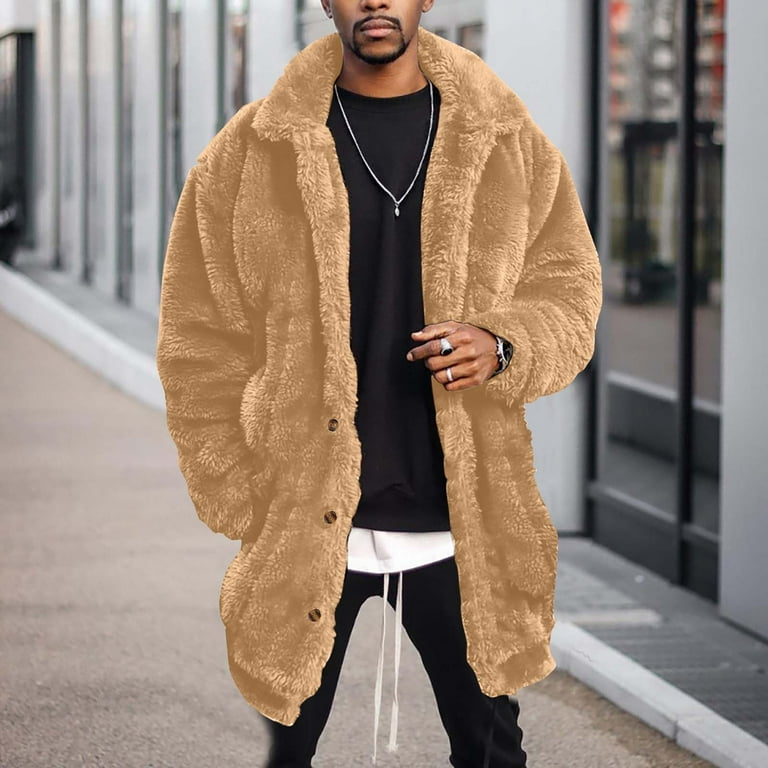 SSAAVKUY Men s Winter Warm Teddy Coat Fluffy Oversized Solid Color Plush Long Sleeve Outwear Lapel Button Up Faux Fur Jacket Streetwear Overcoat Khaki 14 Walmart
