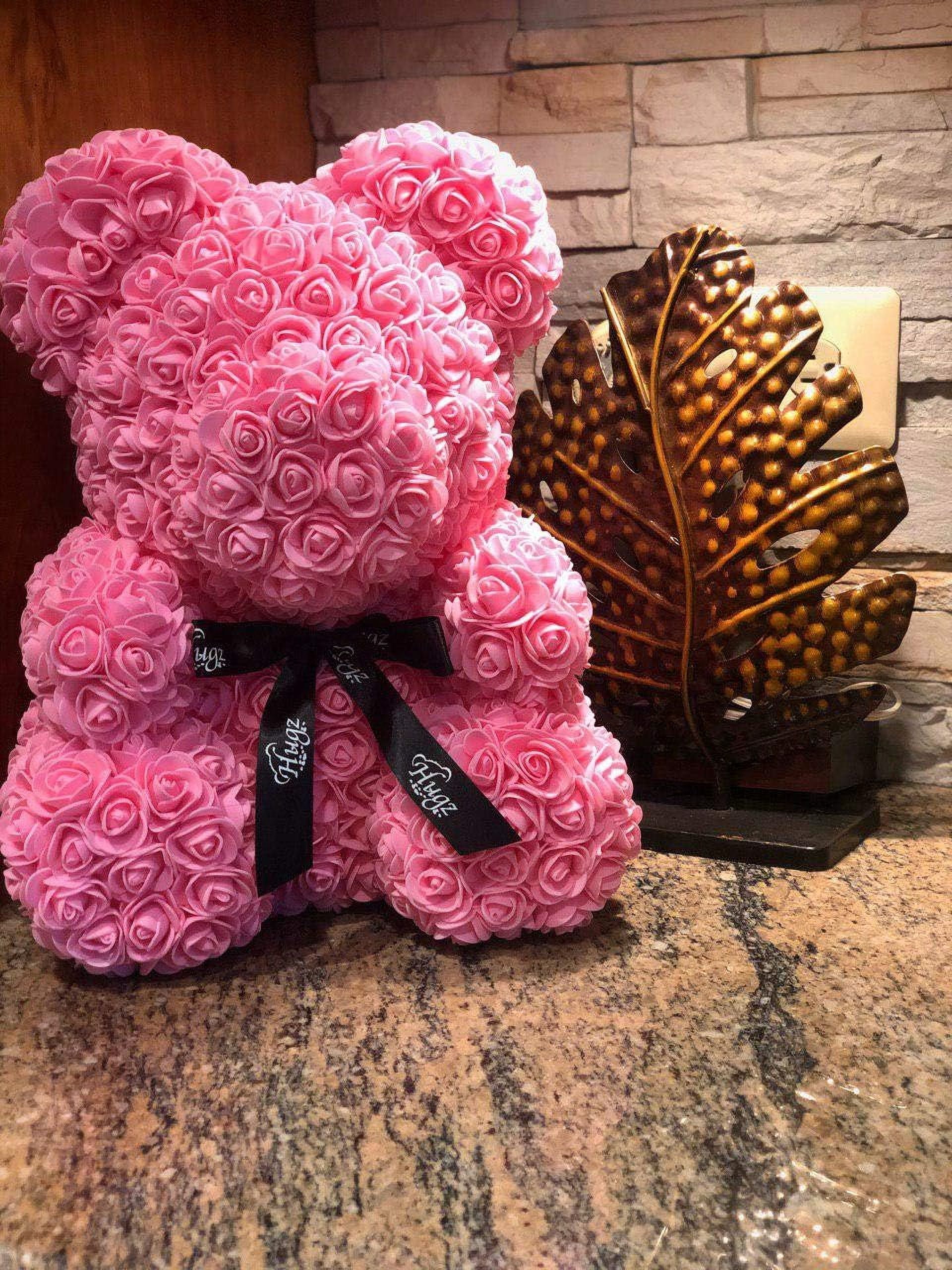 Rose Flower Bear - The 16 inch Hugz Teddy Bear with Over 20 Dozen Artificial Flowers - Best Gift for Valentines Day, Anniversary, Birthdays, Co-Workers & Bridal Showers (Pink) - w/Clear Gift Box