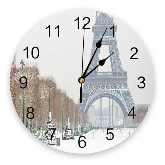 Snowy Paris Street Eiffel Tower 3D Wall Clock Modern Design Brief Living Room Decoration Kitchen Clock Art Wall Watch Home Decor(10 Inch)