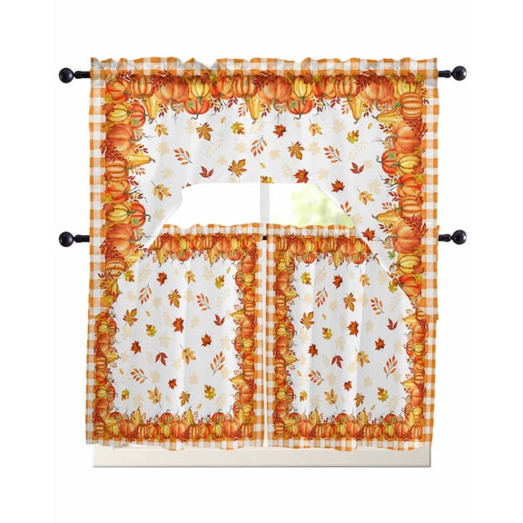 Fall Orange Pumpkin Swag Curtains for Living Room/Bedroom Windows, Thanksgiving Maple Leaf Plaid Check Kitchen Curtains and Valances Set 36 Inch Length, Light Filtering Swags Valance Curtain Panels