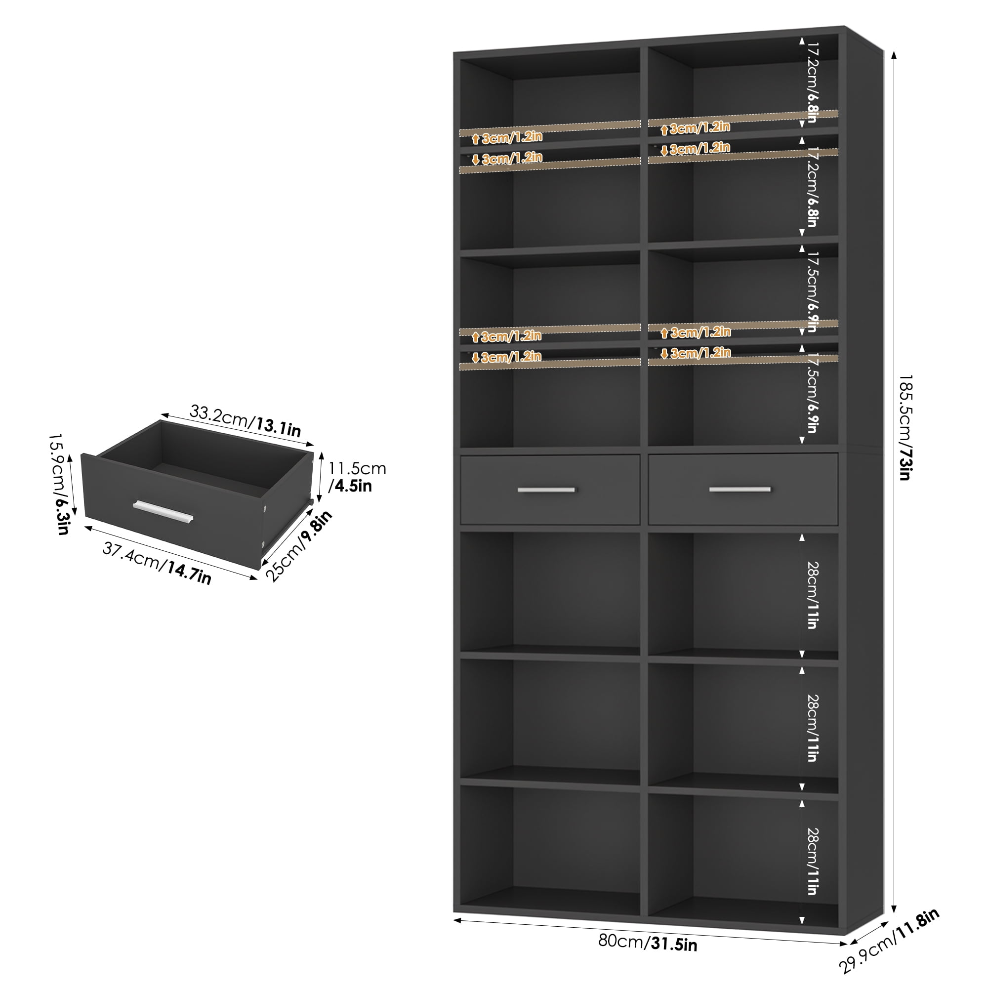 Homfa 7-Tier Bookcase with 2 Drawers, 72.8" H Double Wide Bookcase with 4 Adjustable Shelves for Study Office Living Room, Black