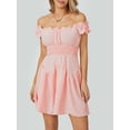 thumbnail image 2 of SUNSIOM Women Summer Short Dress, Solid Color Ruched Bust Boat Neck Off Shoulder Puff Sleeve A-Line One Piece for Ladies, 2 of 8