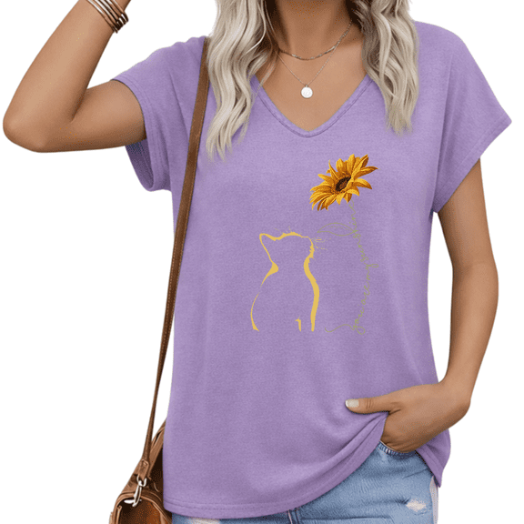 UNISHE Women Cat Sunflower V Neck Short Sleeve T Shirt Golden Silhouette Love Quote Casual Plus Size Tee S-5XL