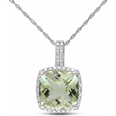 4 Carat T.G.W. Green Amethyst and Diamond Accent 10kt White Gold Halo Pendant, 17