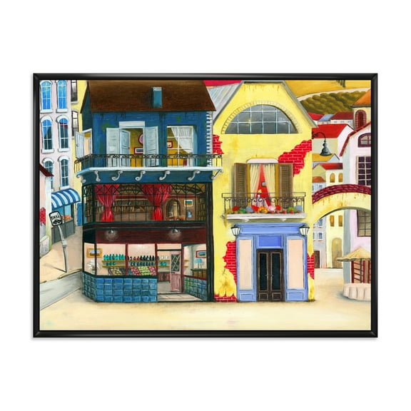 Designart 'The Colorful Facade of The Buildings In A Cozy Streets' French Country Framed Canvas Wall Art Print