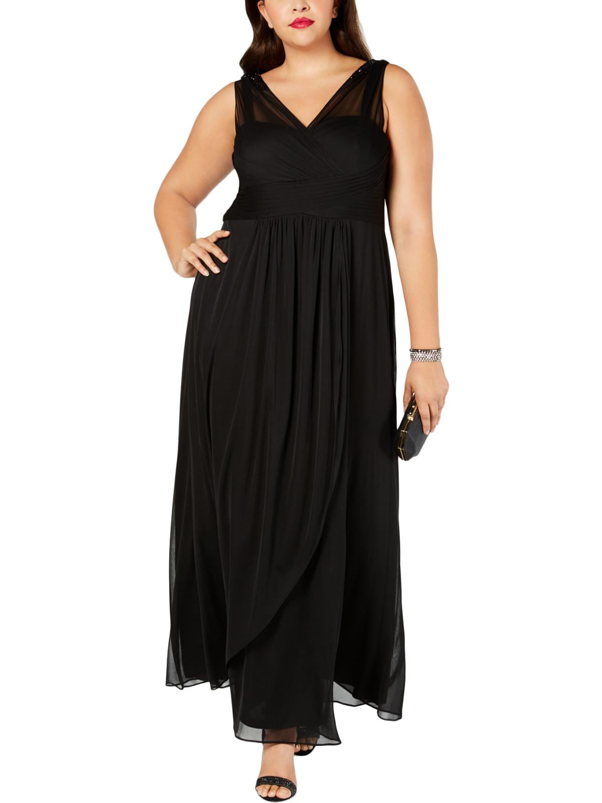 Adrianna Papell Womens Embellished Shirred V Neck Formal Dress Black 4 ...