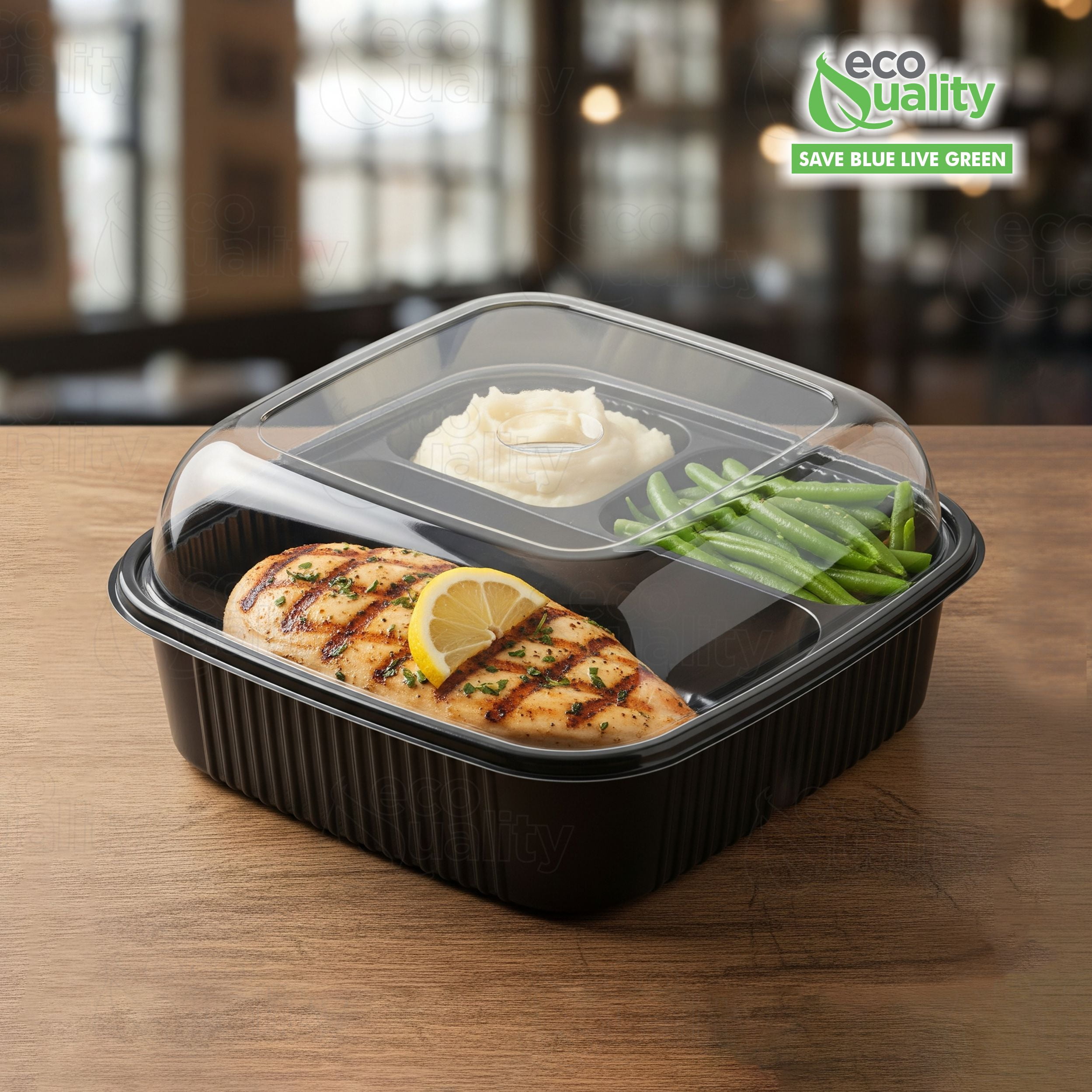 EcoQuality 36oz 8" 3 Compartment Square Black Container with Clear Dome Lid, Reusable Bento Box, Food Storage Containers | BPA Free | Stackable | Lunch Boxes, Microwave/Dishwasher/Freezer Safe (25)