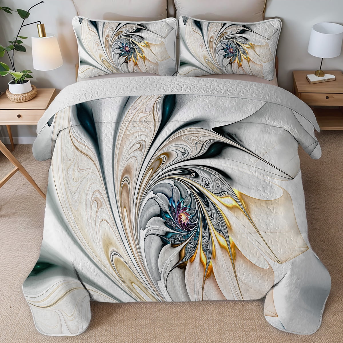 Davulos King Quilt Bedding Set ,3 Pieces Modern Floral California King Quilt Set Reversible Microfiber Bedspread,Lightweight Coverlet Set for All Seasons Bedroom Bed Decor