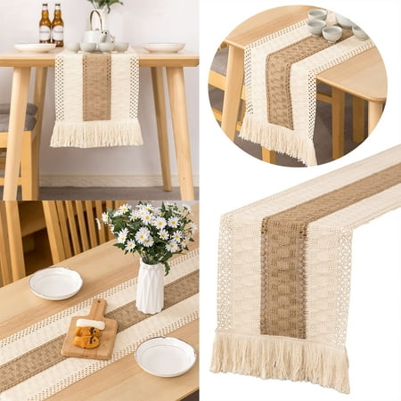 

ZHIYU Table Runners Natural Burlap Table Runner Splicing Cotton Boho Table Runner With Tels For Bohemian Wedding Bridal Shower Rustic Farmhouse Fall Christmas