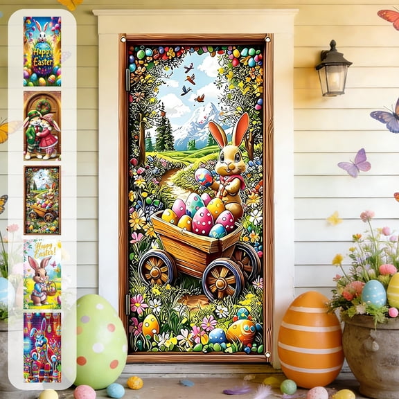 AZXY Easter Bunny Door Cover 35x71 Inch, Bunny on Giant Easter Egg Door Banner Backdrop, Spring Front Door Decorations for Outdoor Porch Farmhouse Easter Party Wall Home Decor