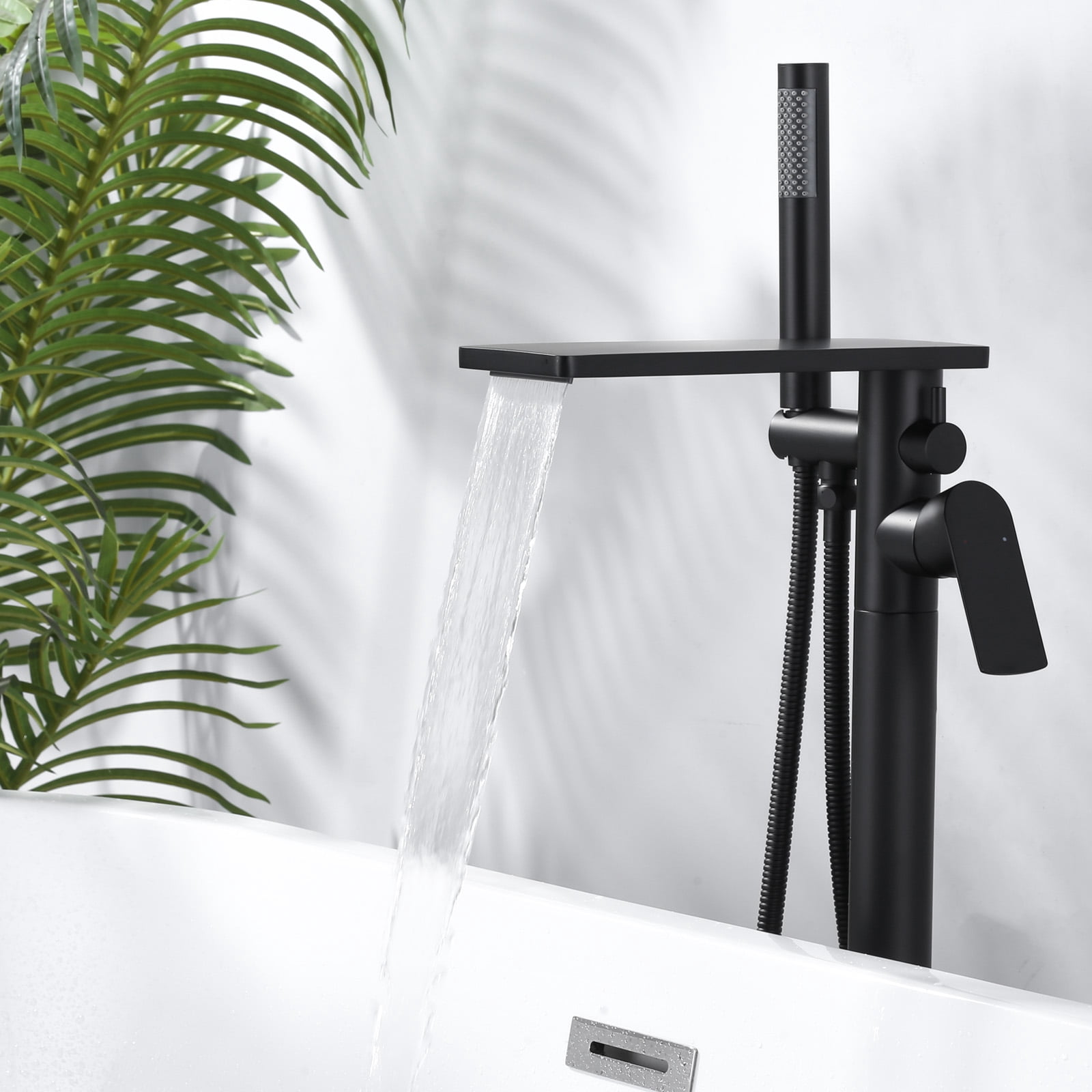 Wowow Brass Freestanding Bathtub Faucet Single-Handle Floor Mount Claw Foot Tub Faucet with Hand Shower in Matte Black