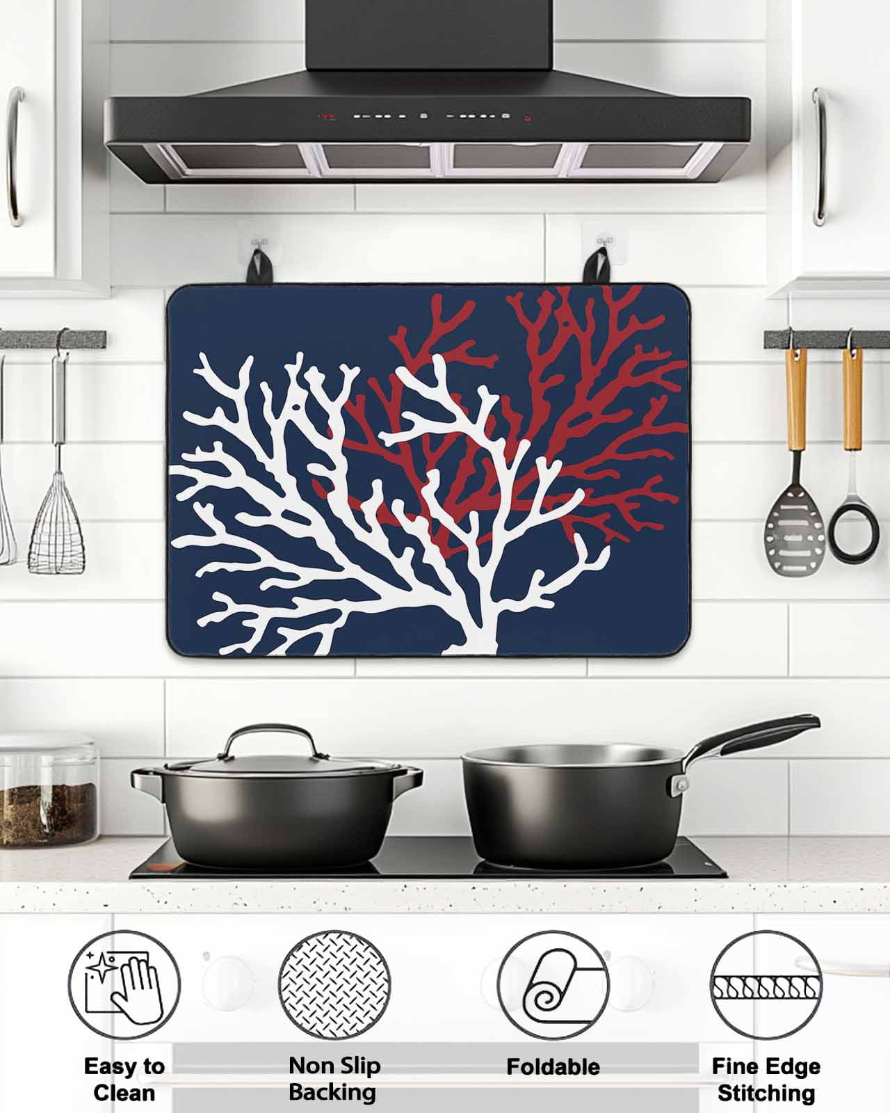 Stove Top Covers for Electric Stove, Red White Coral Glass Stovetop Cover Protector, Summer Ocean Nautical Coastal Navy Blue Induction Cooktop Protector Oven Mat for Kitchen Countertop 24"x21"