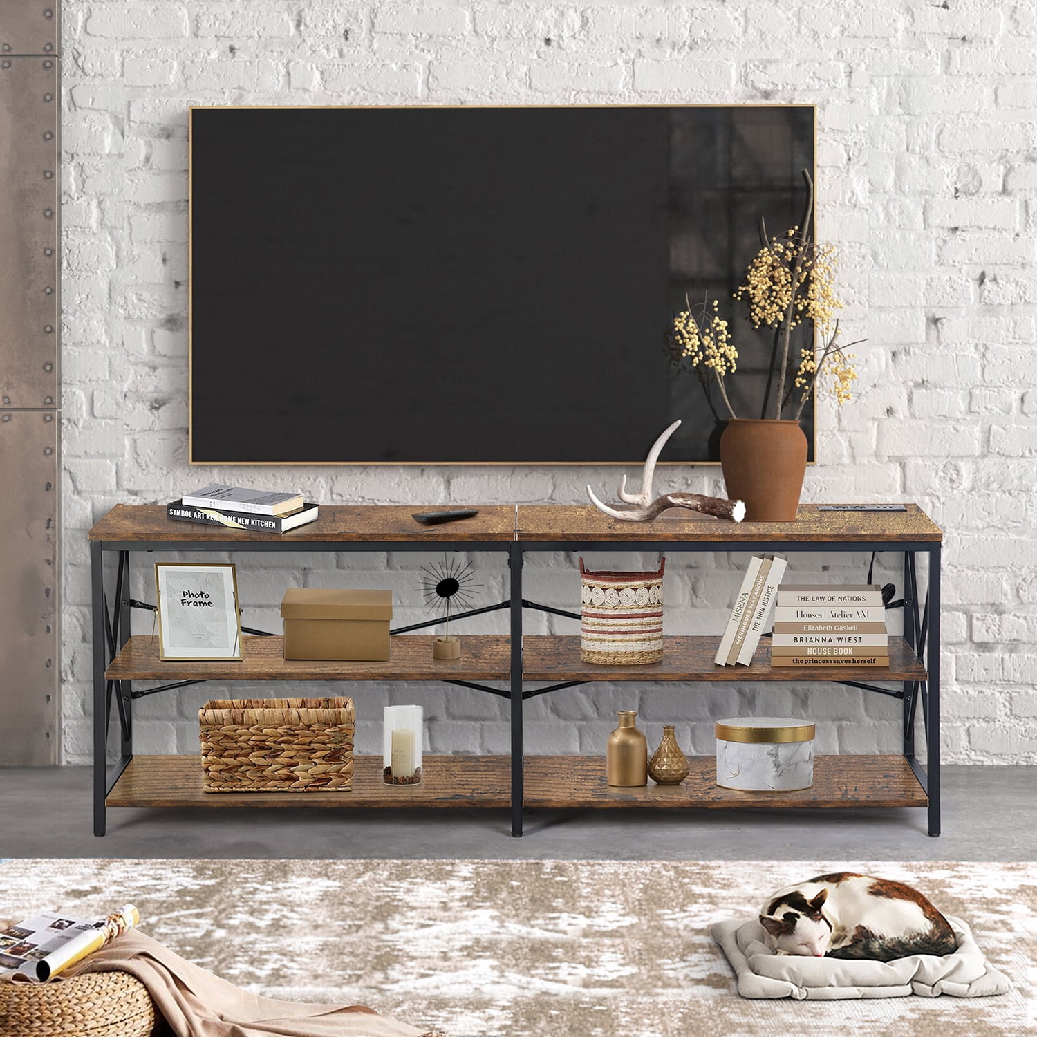 TV Stand for TVs up to 70 Inch, Industrial Entertainment Center with RGB LED Light, 3-Tier Storage Media Console, 150lbs Capacity for Living Room Bedroom