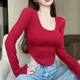 thumbnail image 3 of Camiseta de mujer con escote en U, parte inferior irregular, adelgazante, manga larga, estilo nuevo de primavera y otoño, puro deseo, dulce y picante, 3 of 4