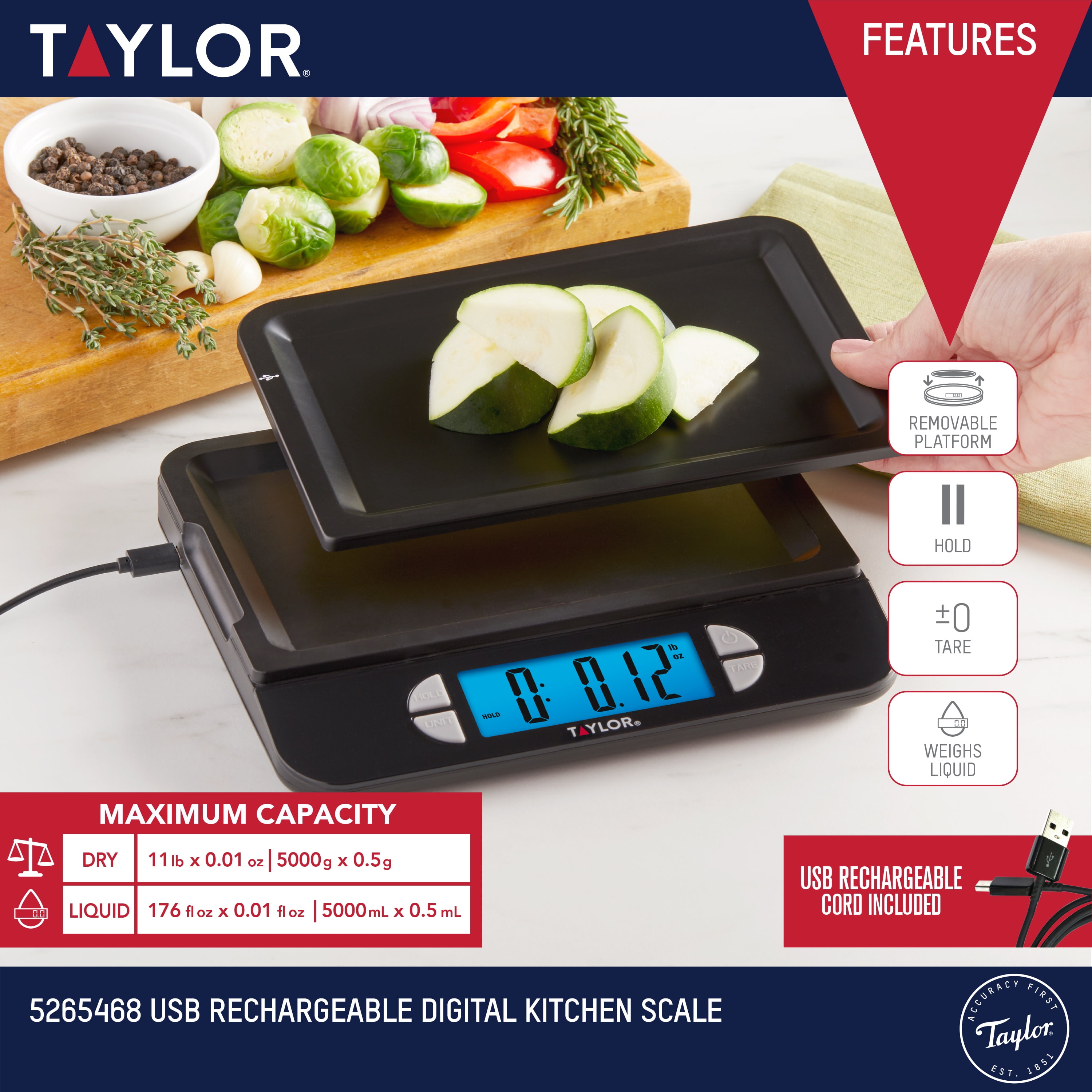Taylor USB Rechargeable Precision Digital Kitchen Scale and Food Scale, 11  lb. Capacity Black