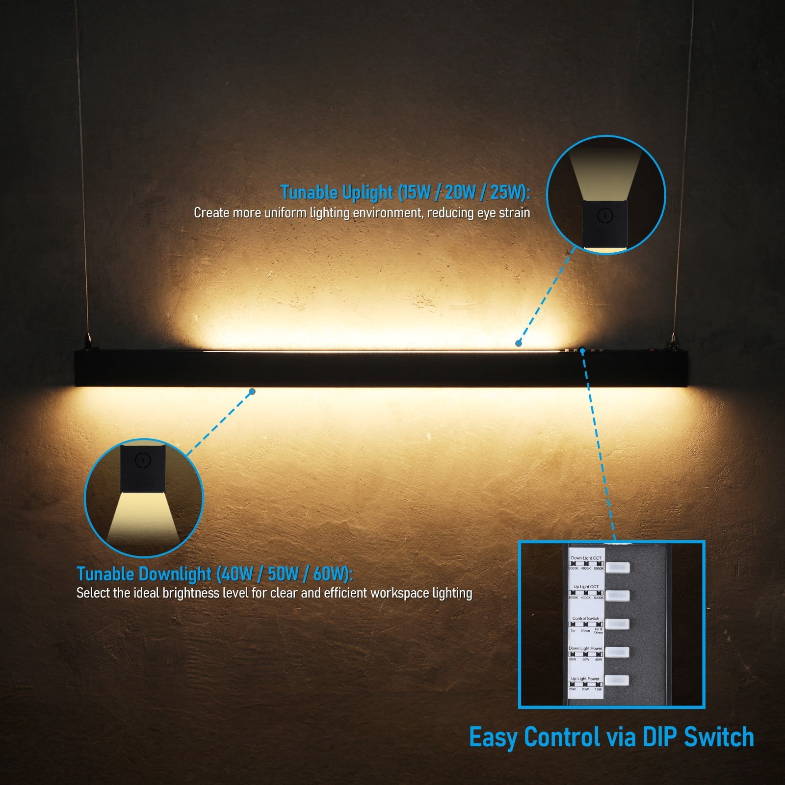 2 Pack 4FT 3CCT Linkable LED Linear Light Fixture, 60W Down and 25W Up Light Ultra Bright Suspended Shop Light for 18ft High Bay, AC 100-277V, 3000K/4000K/5000K Selectable, Black