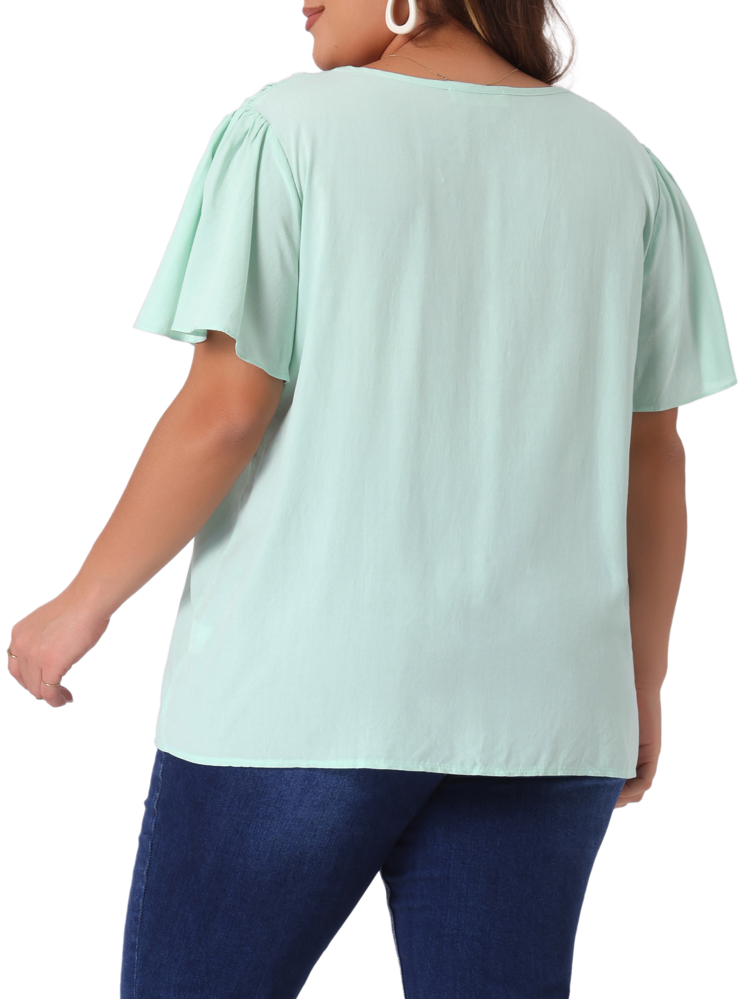 DARING DIVA Women's Plus V Neck Ruffle Sleeve Smocked Shoulder Blouse 3X Light Green