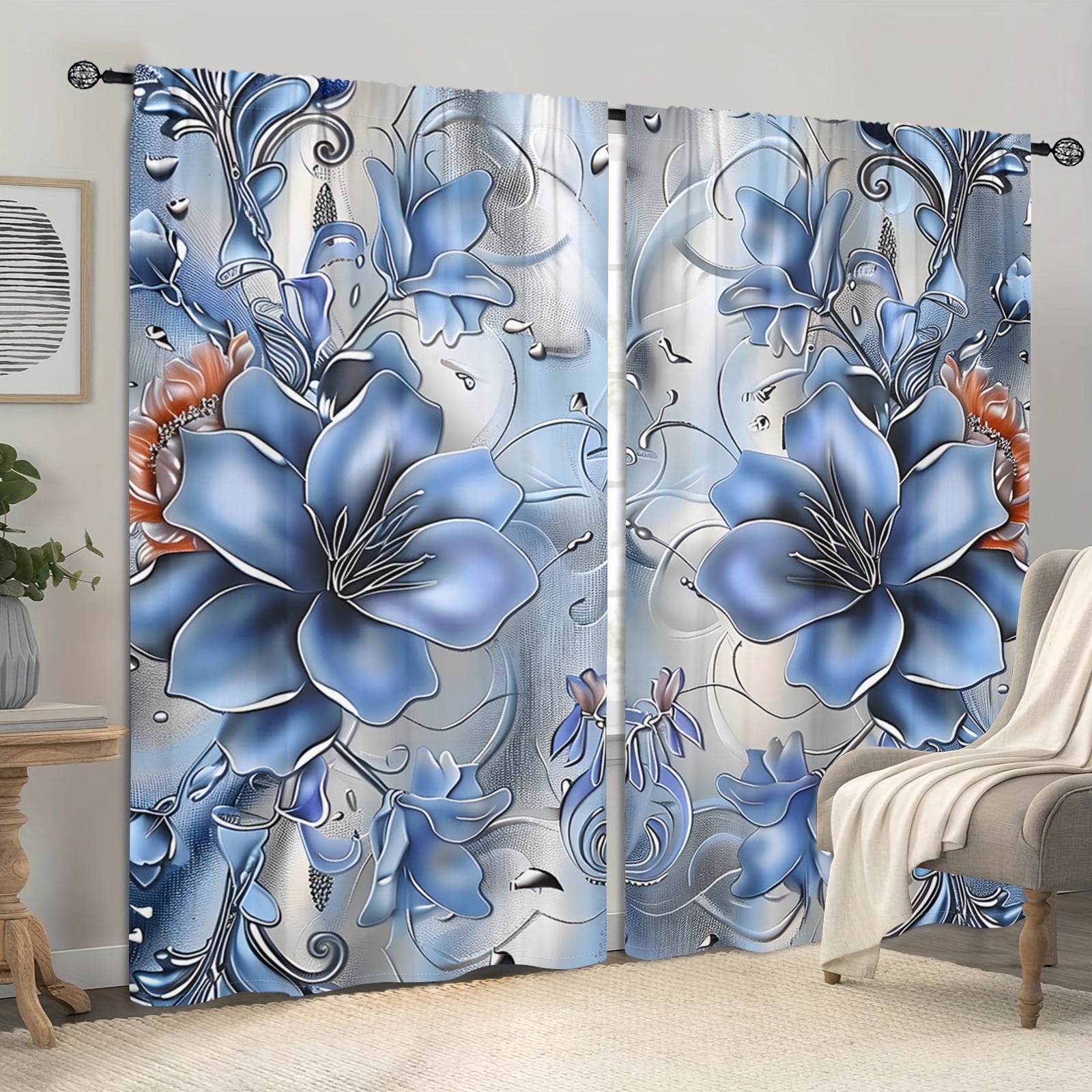 WNOOHIY Silver-Blue Lily Floral Pattern Light-filtering Curtains for Young People Bedroom Living Room,Set of 2 Panels