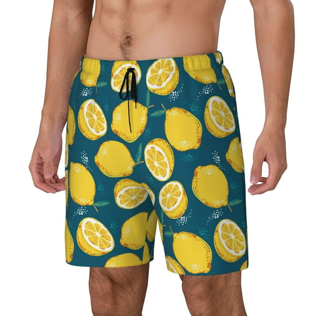 Kdxio Lemon Print Mens Swim Shorts with Mesh Lining, Breathable and Quick-Drying, Adjustable Waist, Privacy Pocket-XX-Large