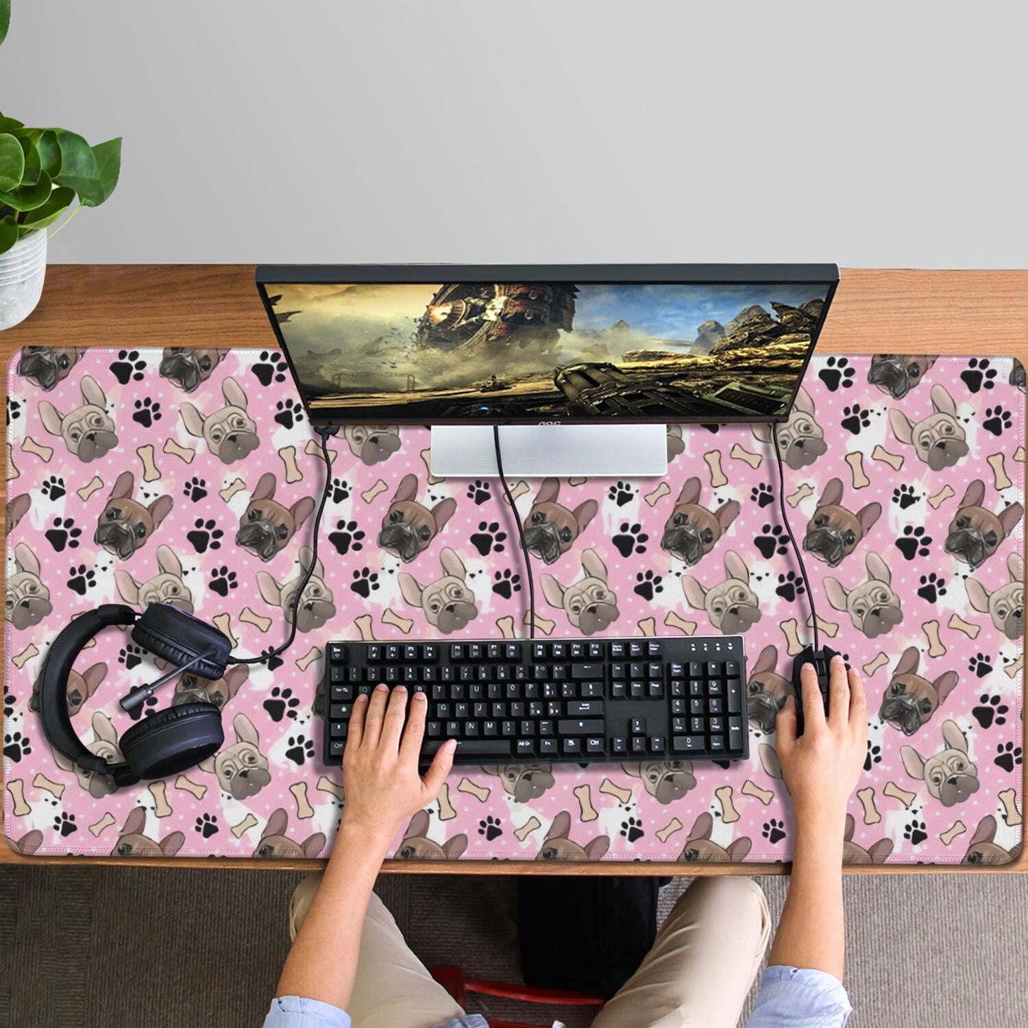 Long Mouse Pads for Desk,French Bulldog Cute Bone Paw Print Desk Mats on Top Of Desks, Desk Mouse Pad Extra Large with 3mm Non-Slip Base and Stitched Edge for Gaming,Office,Work,Home 47.3"x23.6"
