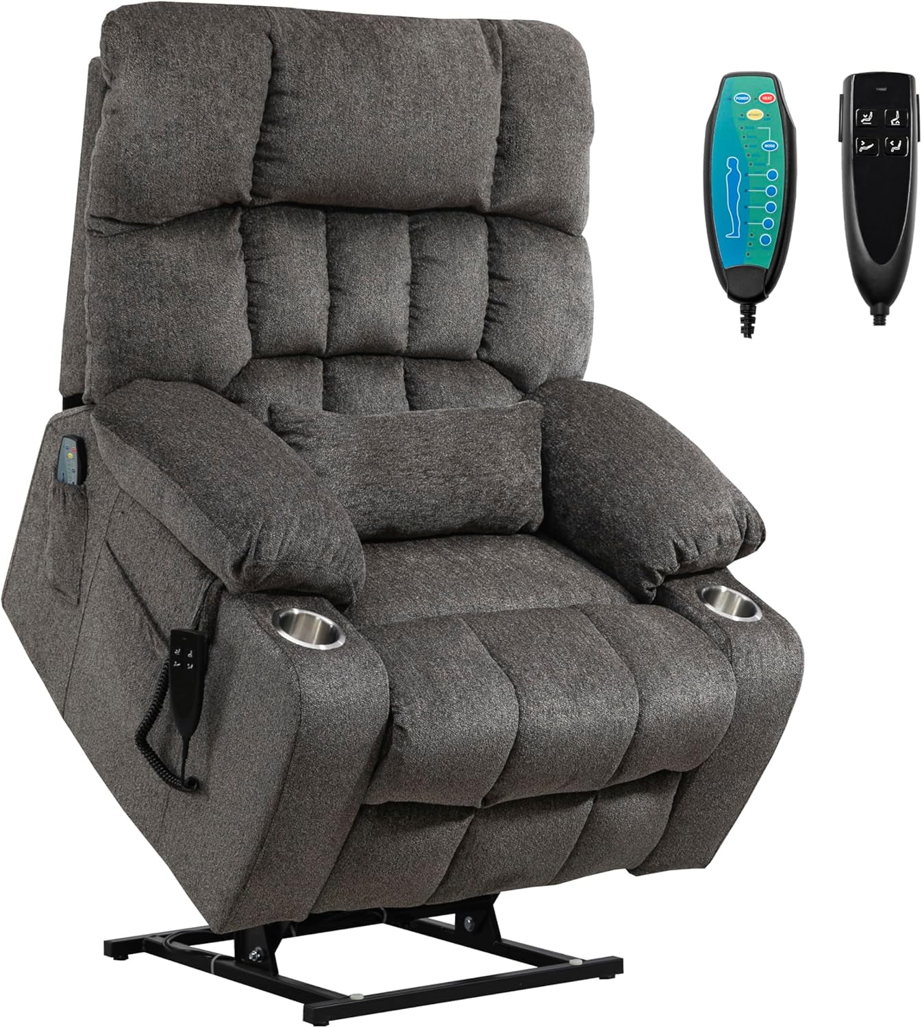 REHOUSING Adult Chenille Living Room Power Lift and Massage Heat Recliners with Cup Holders and Side Pockets, Gray