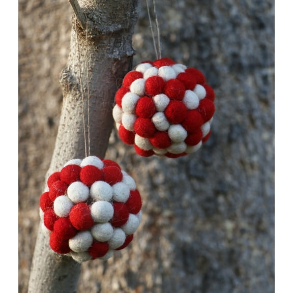 De Kulture Works Wool Red Pom Pom Bauble Ornament Set of 2 Eco Friendly Needle Felted Christmas Xmas Tree Decoration Stuffed Ornament
