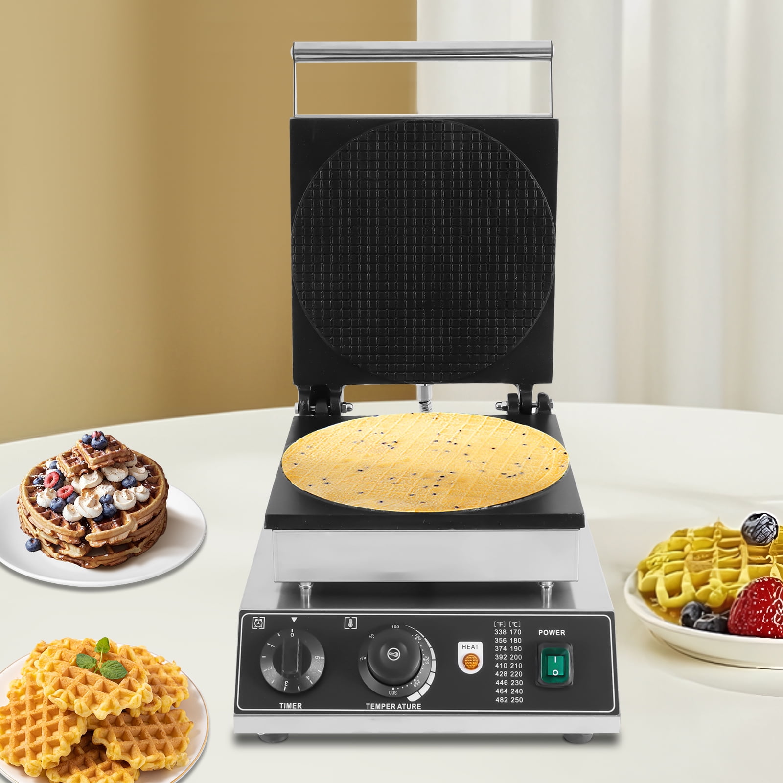 Commercial Waffle Maker, 1500W, Adjustable Temp (50-300℃) & Timer (0-5 Min), Non-Stick Teflon Coating, Stainless Steel, for Ice Cream Cones & Waffles