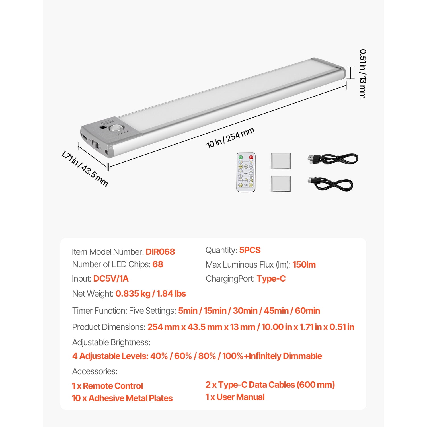 KFFKFF In-Cabinet Illumination, Set of 5, 68 LED Movement Detection Lamps, Battery-Powered Closet Luminaires with Remote Management, Cordless Under-Counter Glow for Cupboards, Bookrack, Stairs