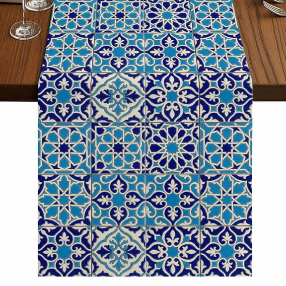 Table Runners 72 Inches Long Dress Scarves, Vintage Morocco Farmhouse Kitchen/Dining Table Runner, Coffee Tablerunners, Traditional Tribal Abstract Geometric Blue 16x72 Inch