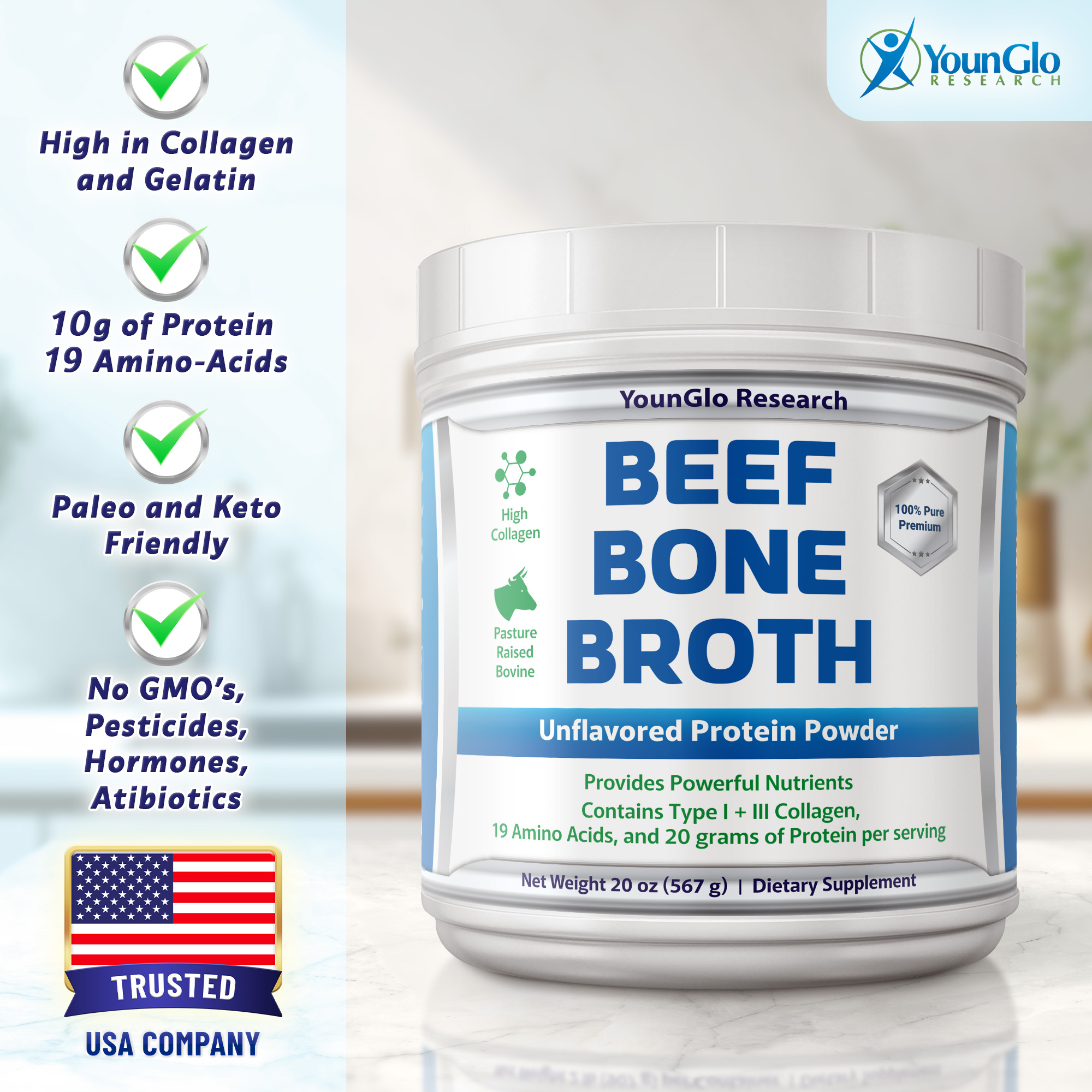 YounGlo Research Instant Bone Broth Protein Powder Dietary Supplement, 20 oz (1.25 lb) Unflavored