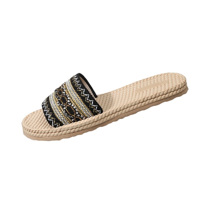 Flat Sandals for Women, Casual Open-Toe Rope Sole with Ethnic Embroidery, Plus-Size Boho Slide for Spring and Summer Outdoor Beach