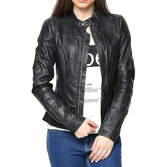 Women's Genuine Black Lambskin Leather Jacket Motorcycle Slim fit Biker Jacket W727