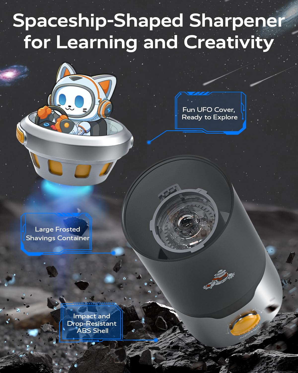 Jupitearth Black Office Supplies/Pencils & Pencil Electric Pencil Sharpeners,Hands-Free,Auto in & Out Spaceship for Home and Office