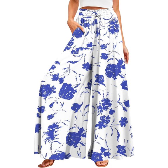 EliteGoogv Womens Plus Size Pants Wide Leg Floral Print Trousers For Women Casual Summer Vacation Bottoms Sky Blue 5XL